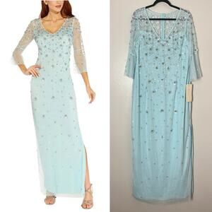 ADRIANNA PAPELL DRESS MOTHER OF THE BRIDE GREEN BLUE BEADED FLORAL SEQUIN LONG